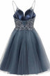 A-Line/Princess V-Neck Straps Tulle Short Homecoming Dresses with Beading Appliques