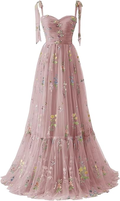 A-line Flower Embroidery Tulle Prom Dress Straps Formal Evening Party