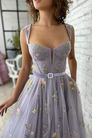 A-Line/Princess Off-the-Shoulder Sleeveless Tea-Length Floral Prom Dresses