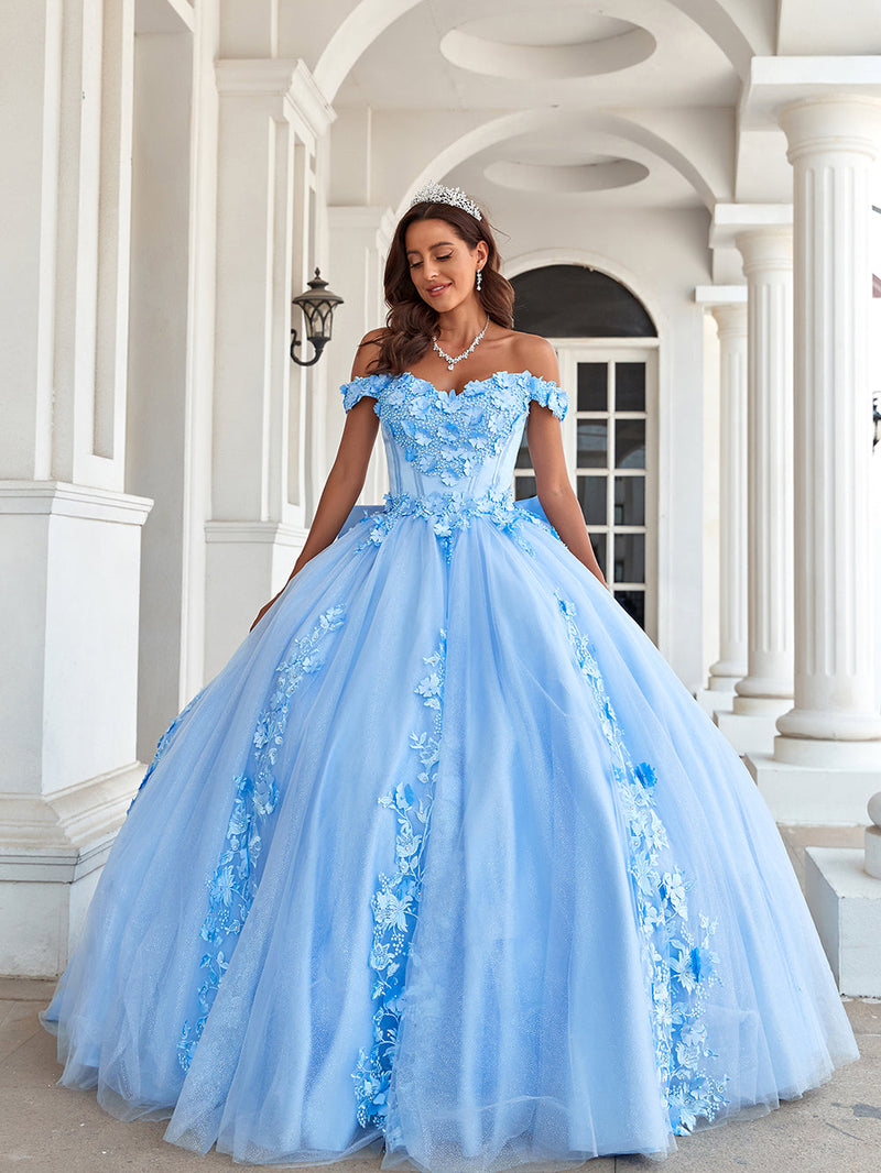 Off Shoulder Applique Lace Ball Gown Party Sweet 15 16 Party Dress