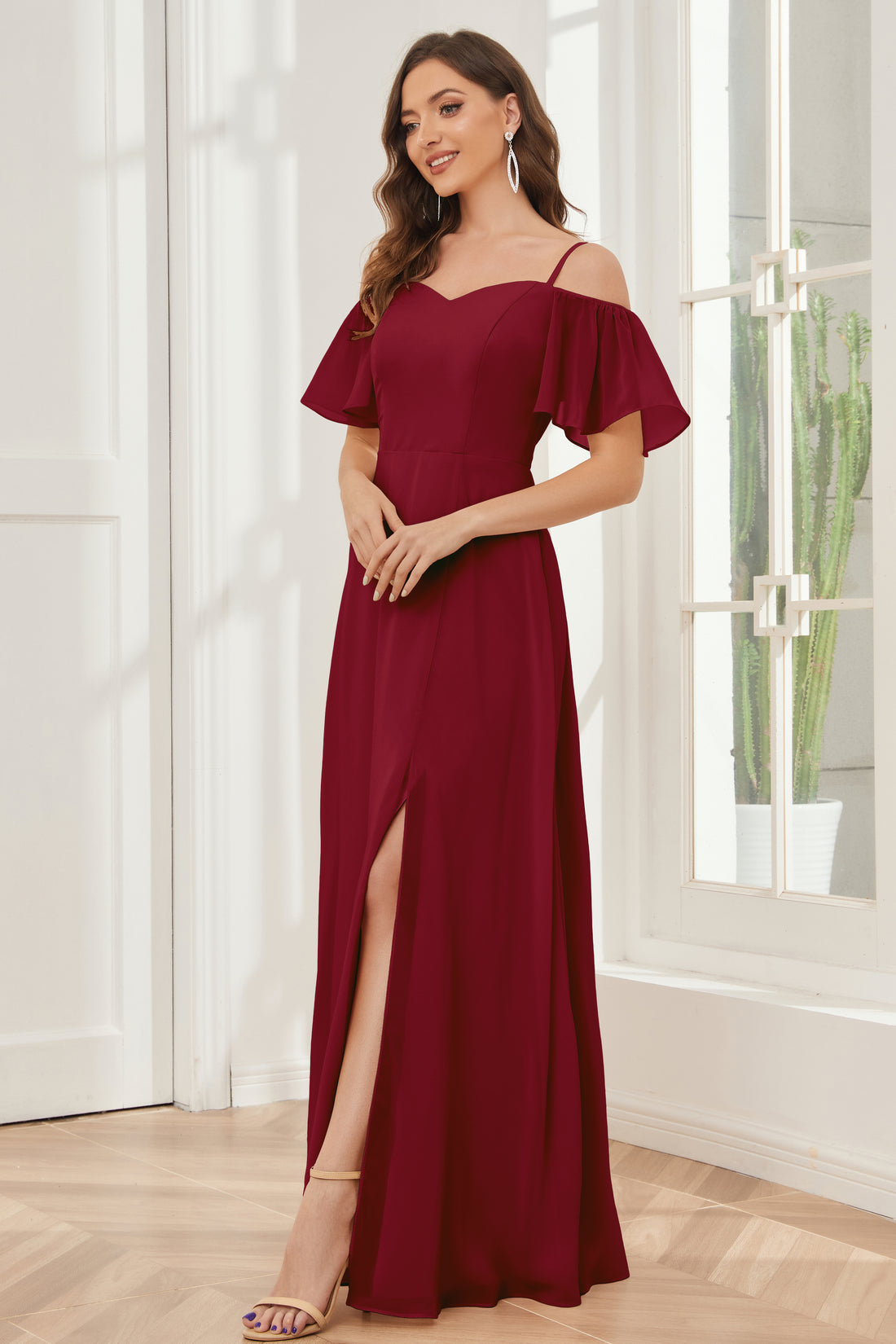 A-Line Off the Shoulder Chiffon Floor-Length Dress Mulberry main image 1