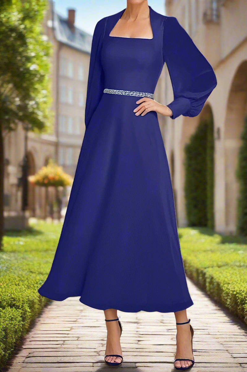 Ankle Length Royal Blue Chiffon Long Sleeve Wedding Guest Dress Ankle Length Royal Blue Chiffon Long Sleeve Wedding Guest Dress
