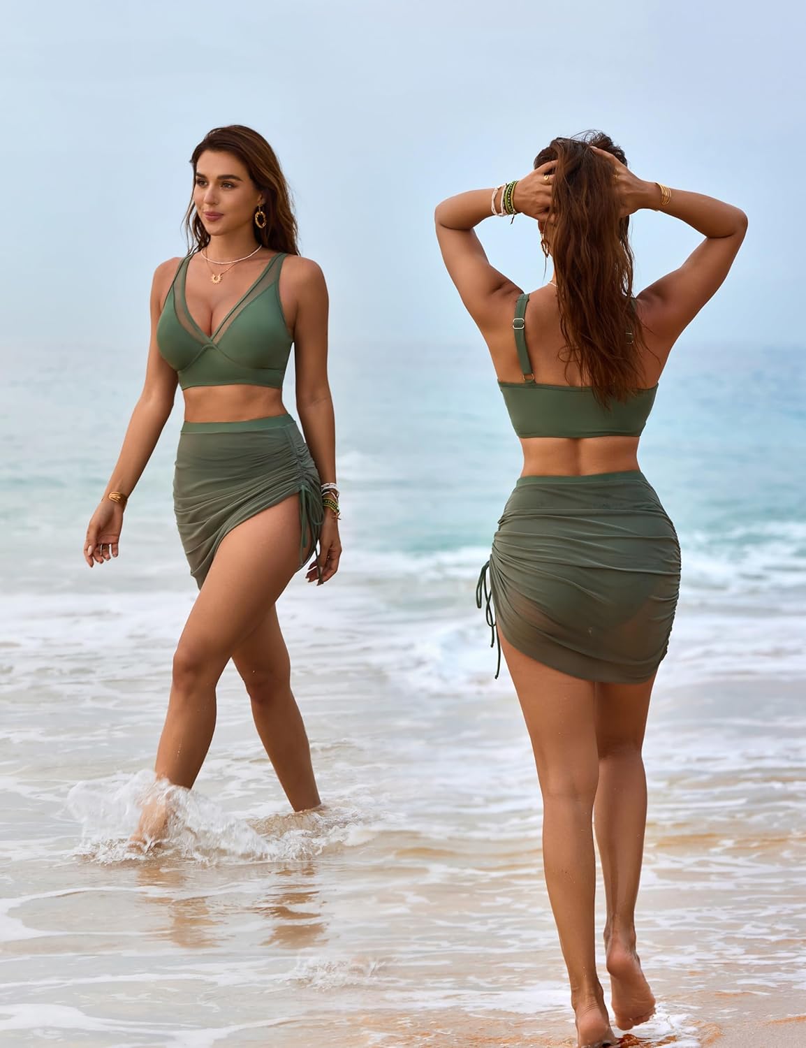 OmbreSwim - Womens Swim Skirt High Waisted Bikini Sets Tummy Control Swimsuits Mesh Sarong Wraps Bathing Suits