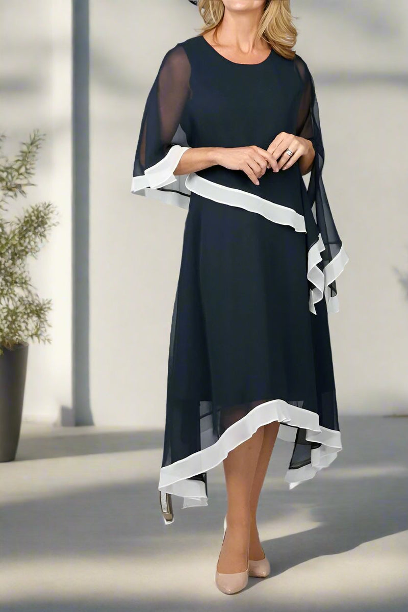 Asymmetrical Round Neck Half Sleeves Chiffon Mother of The Bride Dress