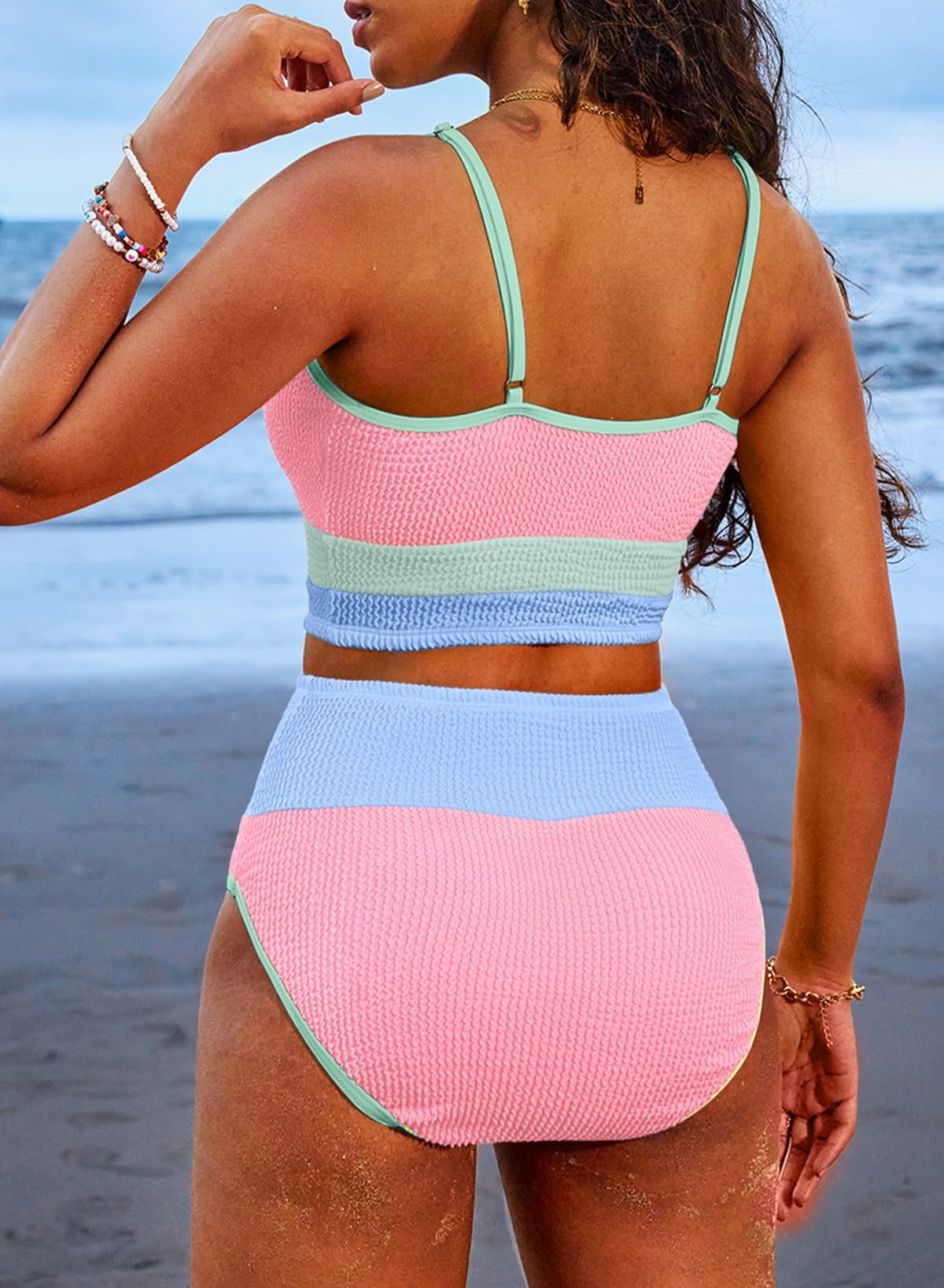 OmbreSwim - Women 2 Piece Bikini Set High Waisted Color Block Swimsuit Beach Scrunch Ribbed Bathing Suit