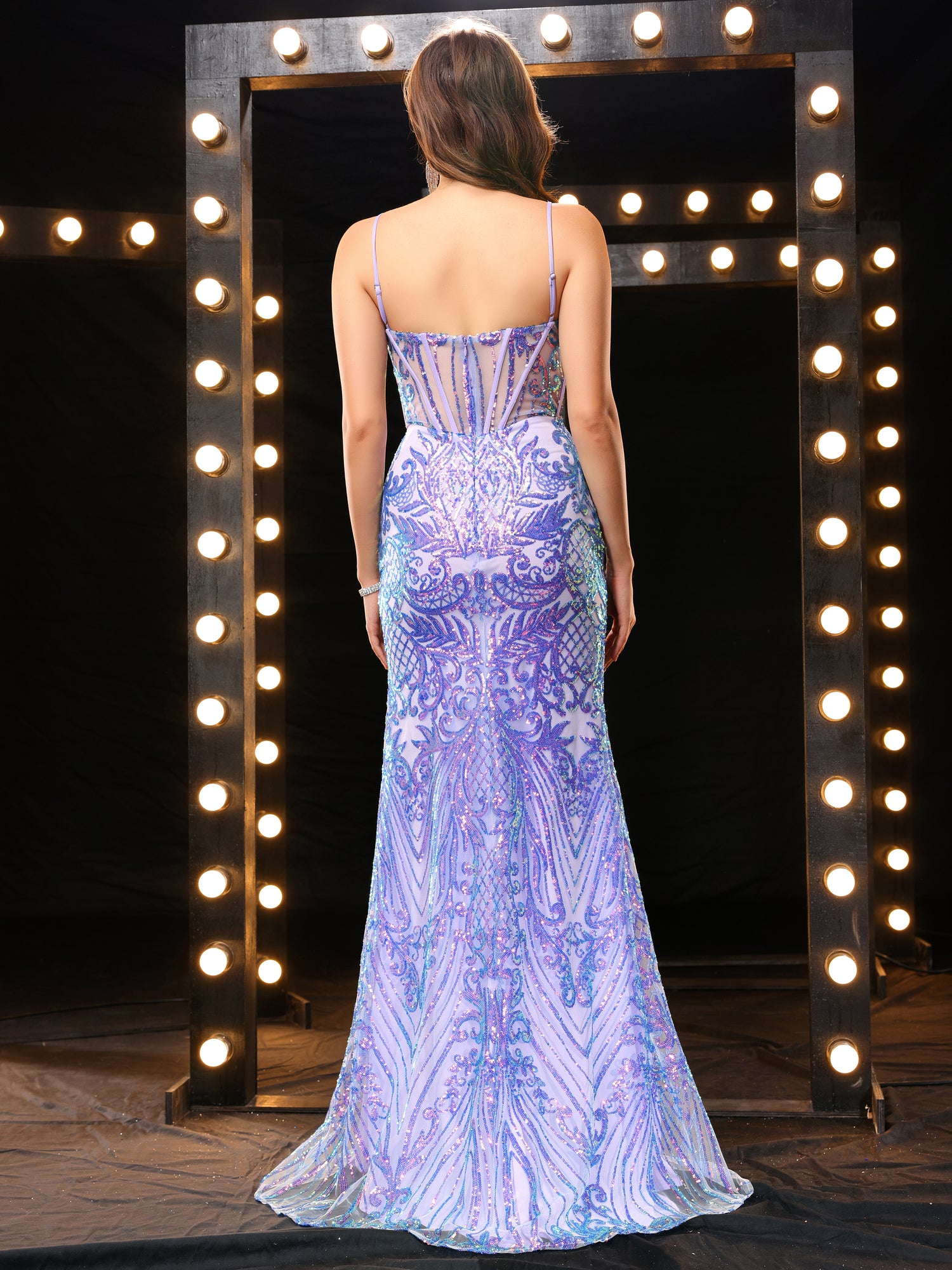 Mermaid V Neck Backless Spaghetti Straps Satin Prom Dress LBQ3017 main image 0