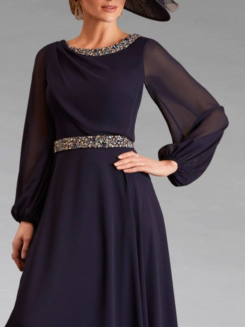 Beading A-Line Scoop Neck Long Sleeves Mother of The Bride Dresses
