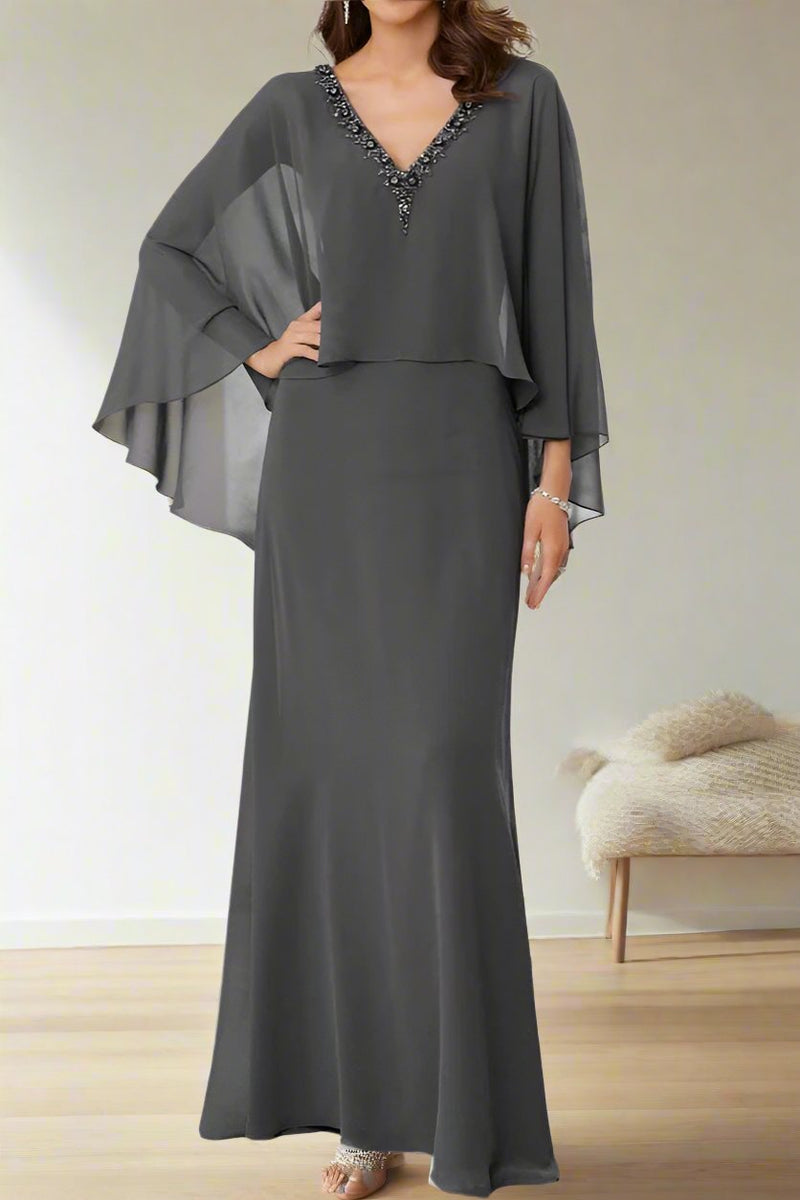 steel grey mother of the bride dresses Beading Chiffon V-Neck charcoal grey dark grey dress
