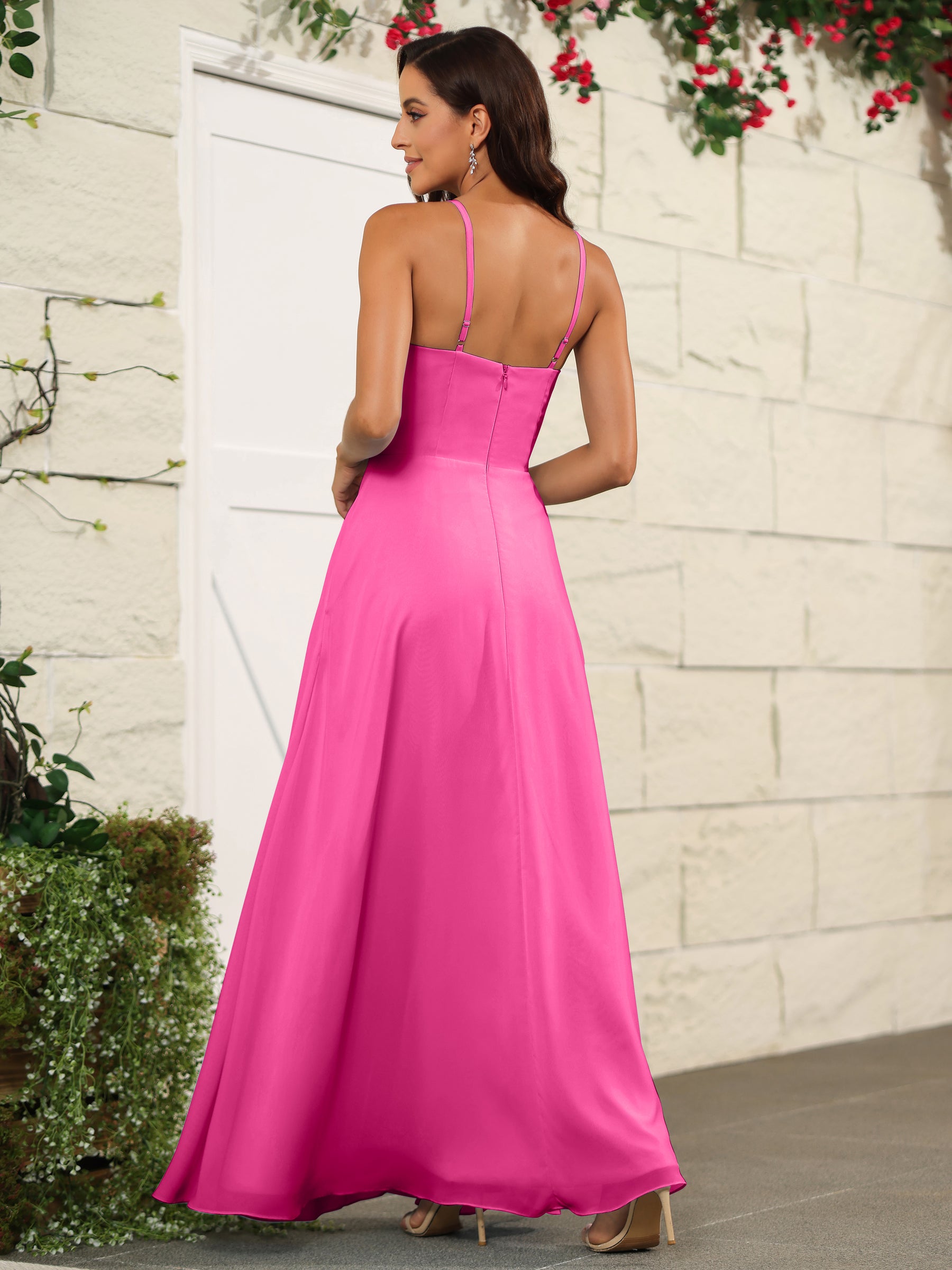 Elegant Spaghetti Strap Gold Chiffon Bridesmaid Dress SCB36
