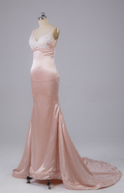 Pearl Pink Open Back Sweep Train Prom Dress with Lace Appliques,DP1342