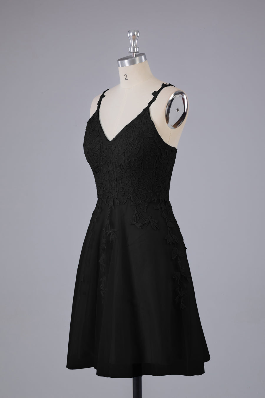 V-neck Spaghetti Straps Long Junior Bridesmaid Dress Black