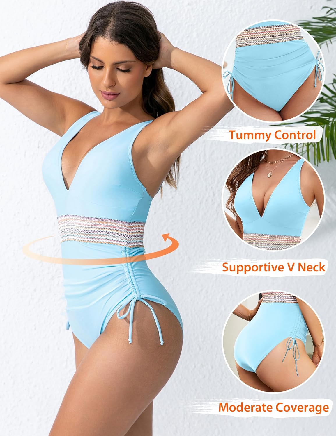 OmbreSwim - Women Tummy Control Swimsuits One Piece Slimming Modest Bathing Suit Color Block Drawstring Swim Suits