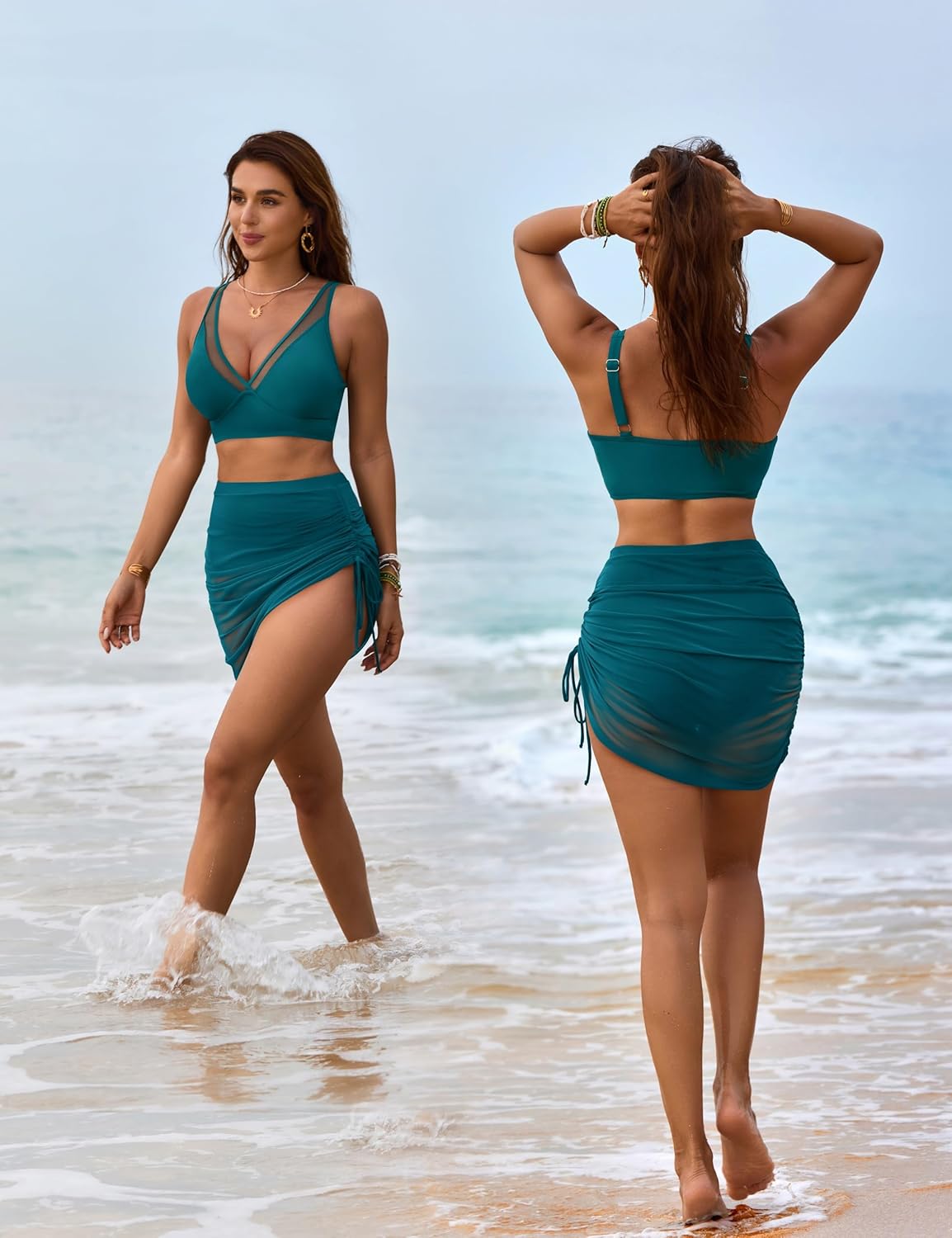 OmbreSwim - Womens Swim Skirt High Waisted Bikini Sets Tummy Control Swimsuits Mesh Sarong Wraps Bathing Suits