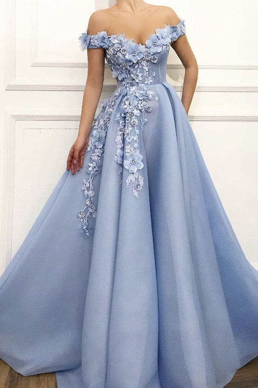 Beautiful Lace Up Elegant Sky Blue Prom Dresses Off The Shoulder Long Princess Prom Dresses For Teens