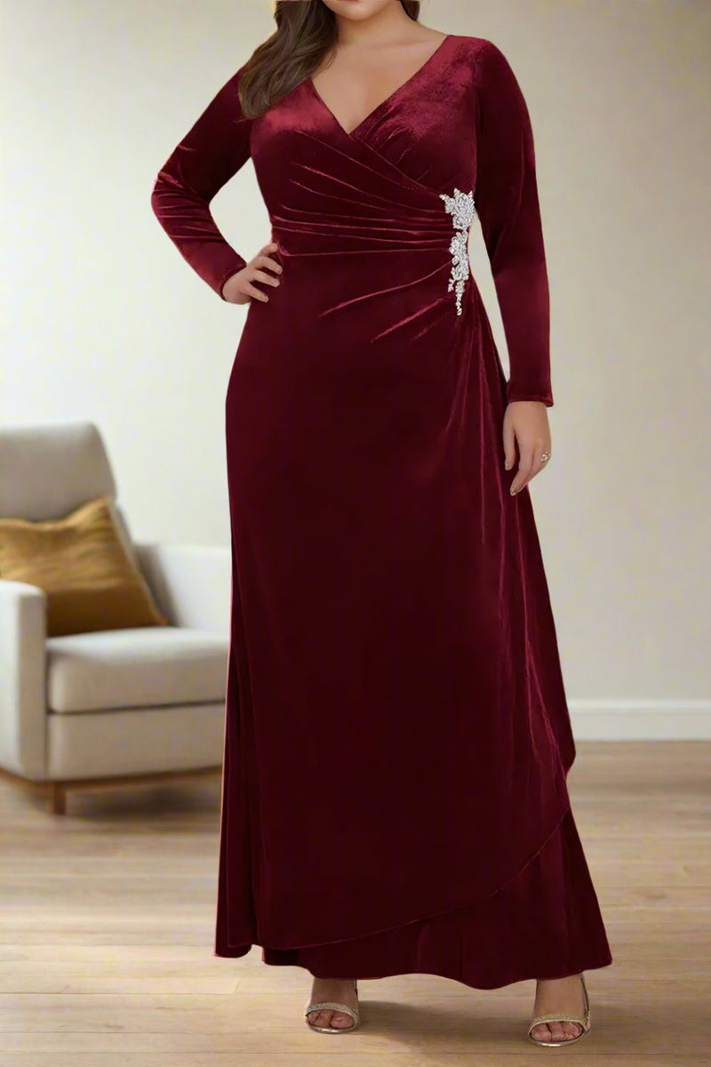 burgundy velvet mother of the bride dress Sheath Burgundy Velvet Short Sleeve Long Mother Of The Bride Dress With Crystal