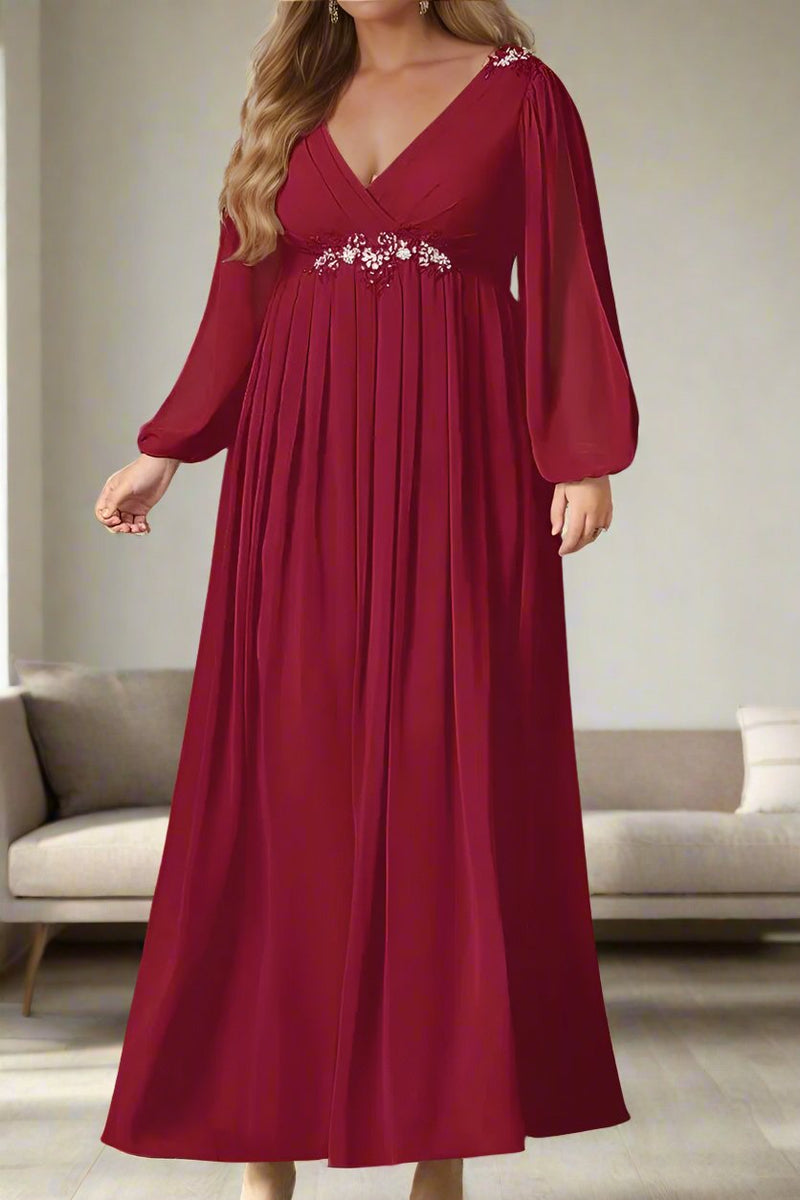 Burgundy Chiffon V-Neck Long Sleeves Mother Of The Bride Dresses