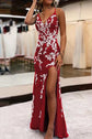 Red V-Neck Appliques Front Split Mermaid Evening Gown JTE438 main image 0