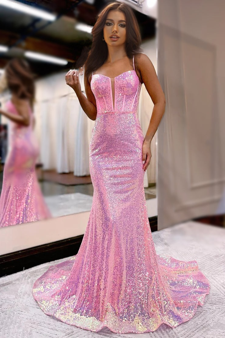 Tulle Sequin Spaghetti Straps Mermaid Prom Dresses Corset Maxi Evening Party Gowns main image 1