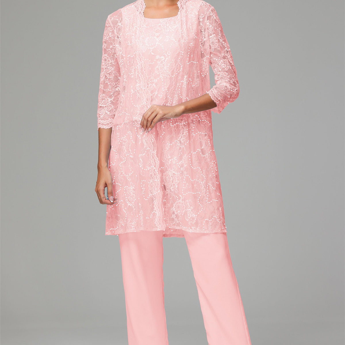 Chic Chiffon Lace 3 Pieces Long Sleeves Mother of The Bride Dress Pants Suits