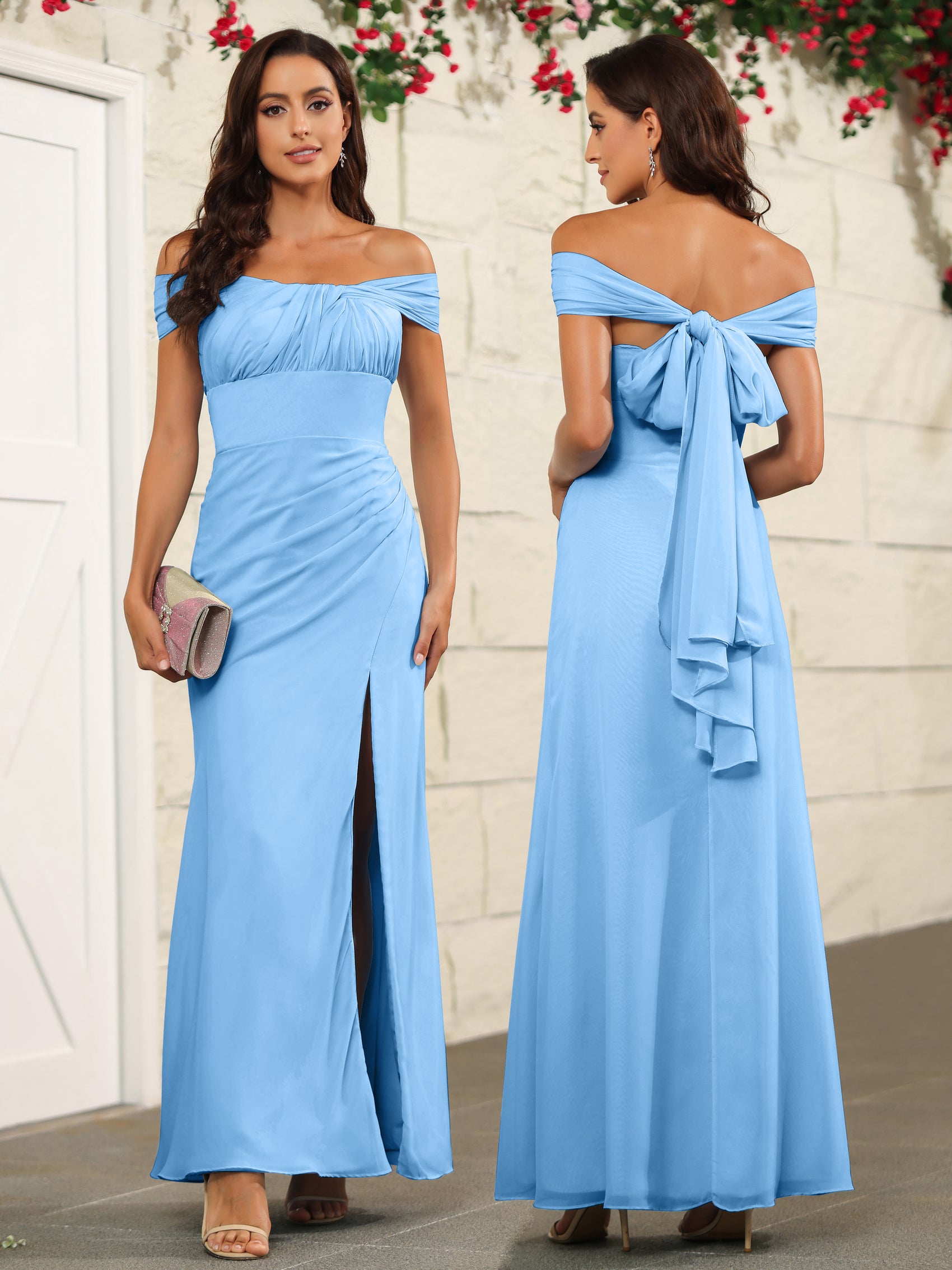 Off The Shoulder Blue Chiffon Bridesmaid Dress main image 0