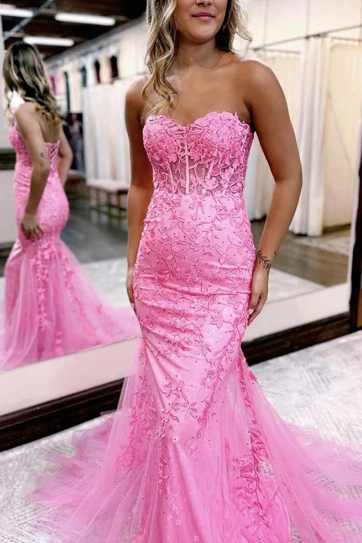 Pretty Mermaid Sweetheart Cap Sleeve Applique Tulle Pink Long Prom Dress main image 1