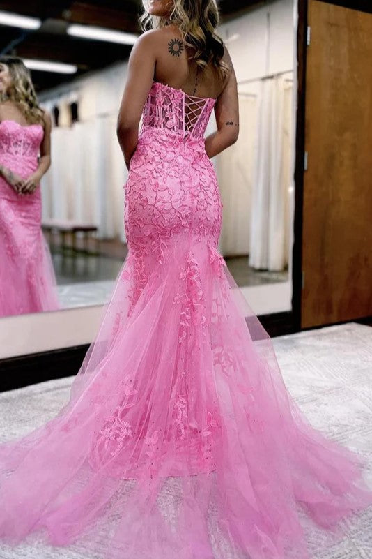 Pink sweetheart tulle mermaid long prom dress slim-fit evening dress main image 1