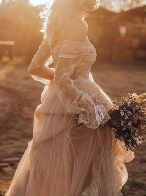 Lace and Tulle Floor Length Dress with V neck Orchid