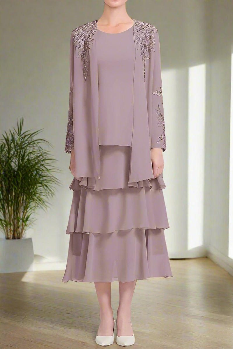 A-Line Chiffon Tea Length Layered Mother of the Bride & Groom Dresses