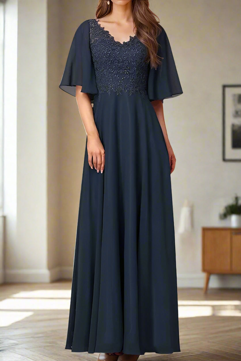 Chiffon Half Sleeve Appliques Dark Navy Mother of the Bride Dress
