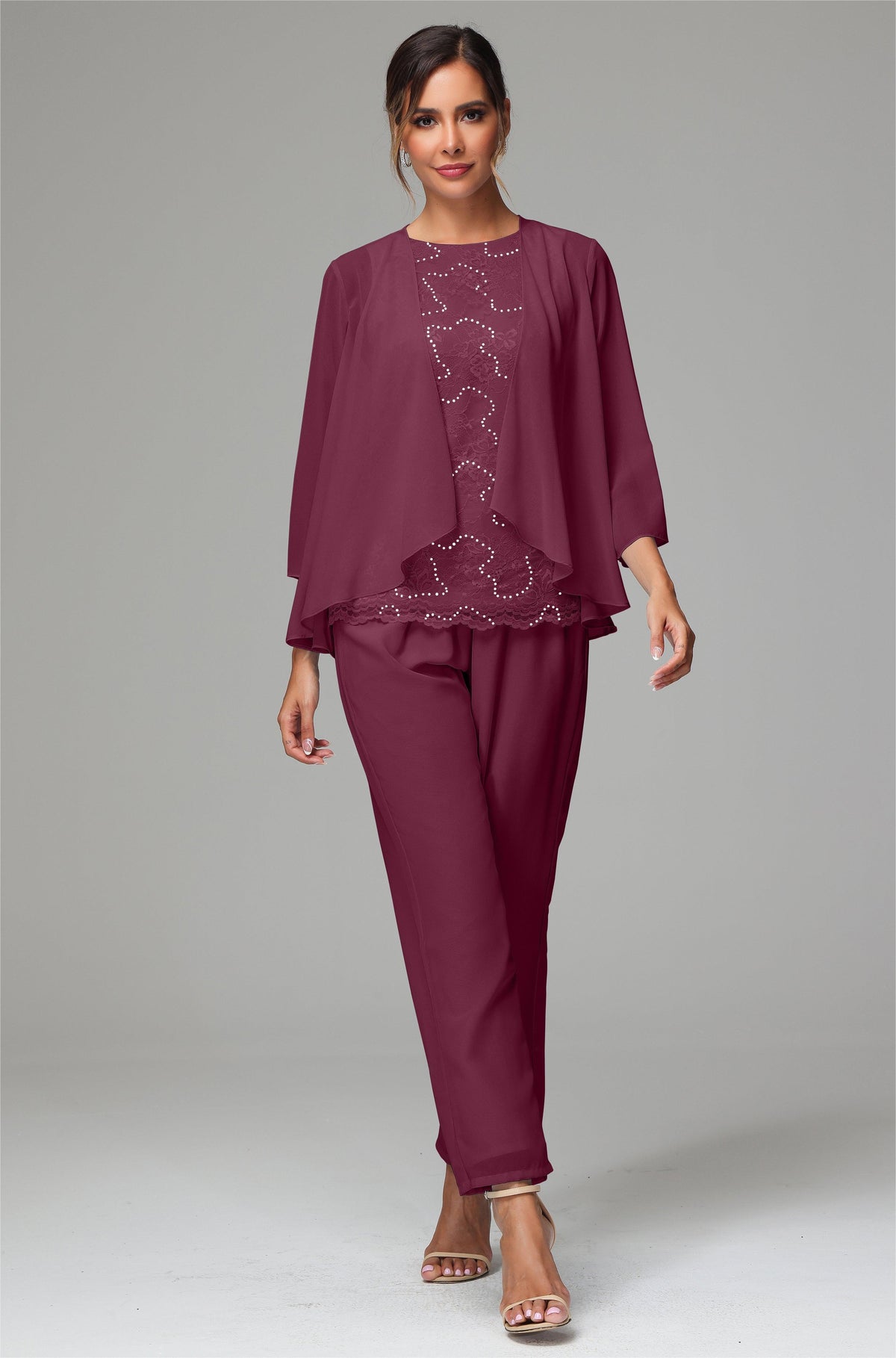 Chiffon Lace Long Sleeves 3 Pieces Mother Of The Bride Dress Pants Sui