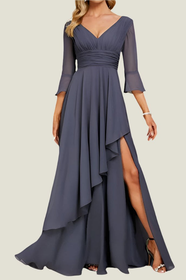 Women's Flutter Sleeve Bridesmaid Dress 2024 - Long Chiffon V-Neck Split Dress With Pockets