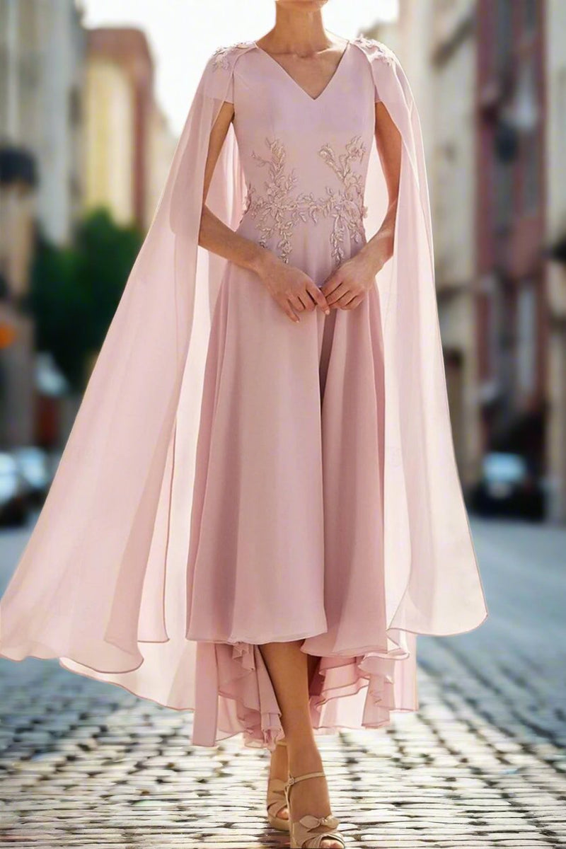 Chiffon Tea Length V Neck Mother of The Bride Dress with Capes