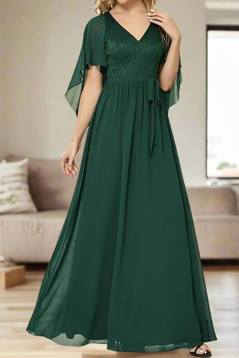 chinese dress ladies Dark Green Chiffon V Neck Floor Length A-Line Mother of the Bride Dress