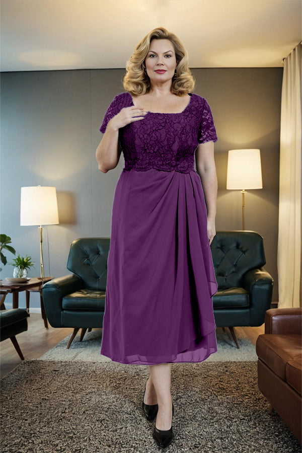 Classic Short Sleeves Ruched Tea Length Mother of The Bride Dress