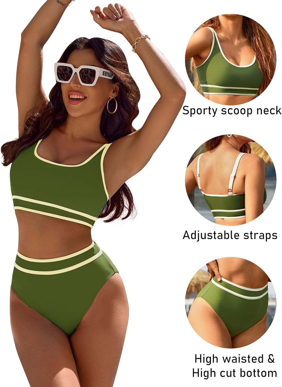 OmbreSwim - Women's High Waisted Bikini Sets Sporty Two Piece Swimsuits Color Block Cheeky High Cut Bathing Suits