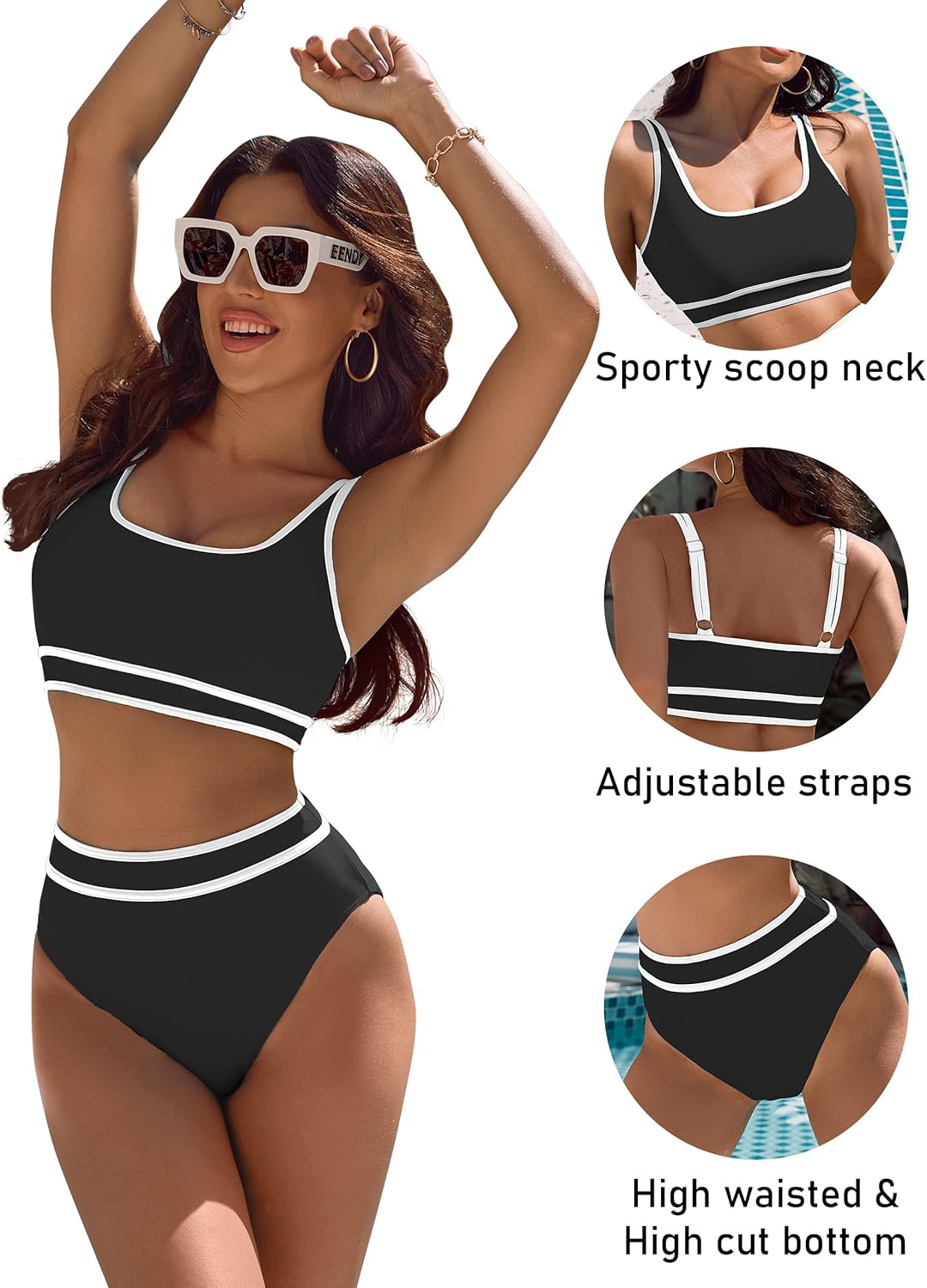 OmbreSwim - Women's High Waisted Bikini Sets Sporty Two Piece Swimsuits Color Block Cheeky High Cut Bathing Suits
