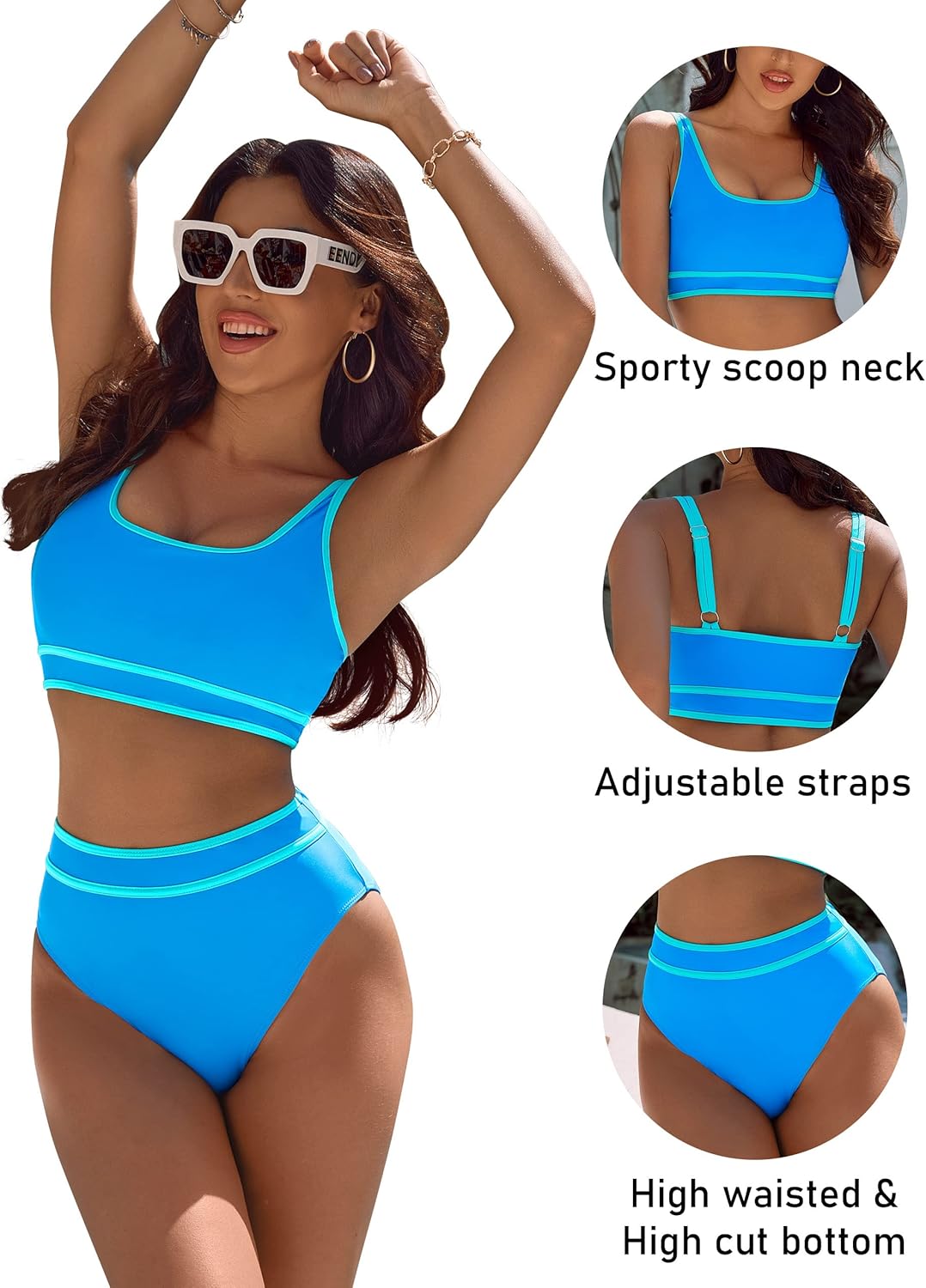OmbreSwim - Women's High Waisted Bikini Sets Sporty Two Piece Swimsuits Color Block Cheeky High Cut Bathing Suits