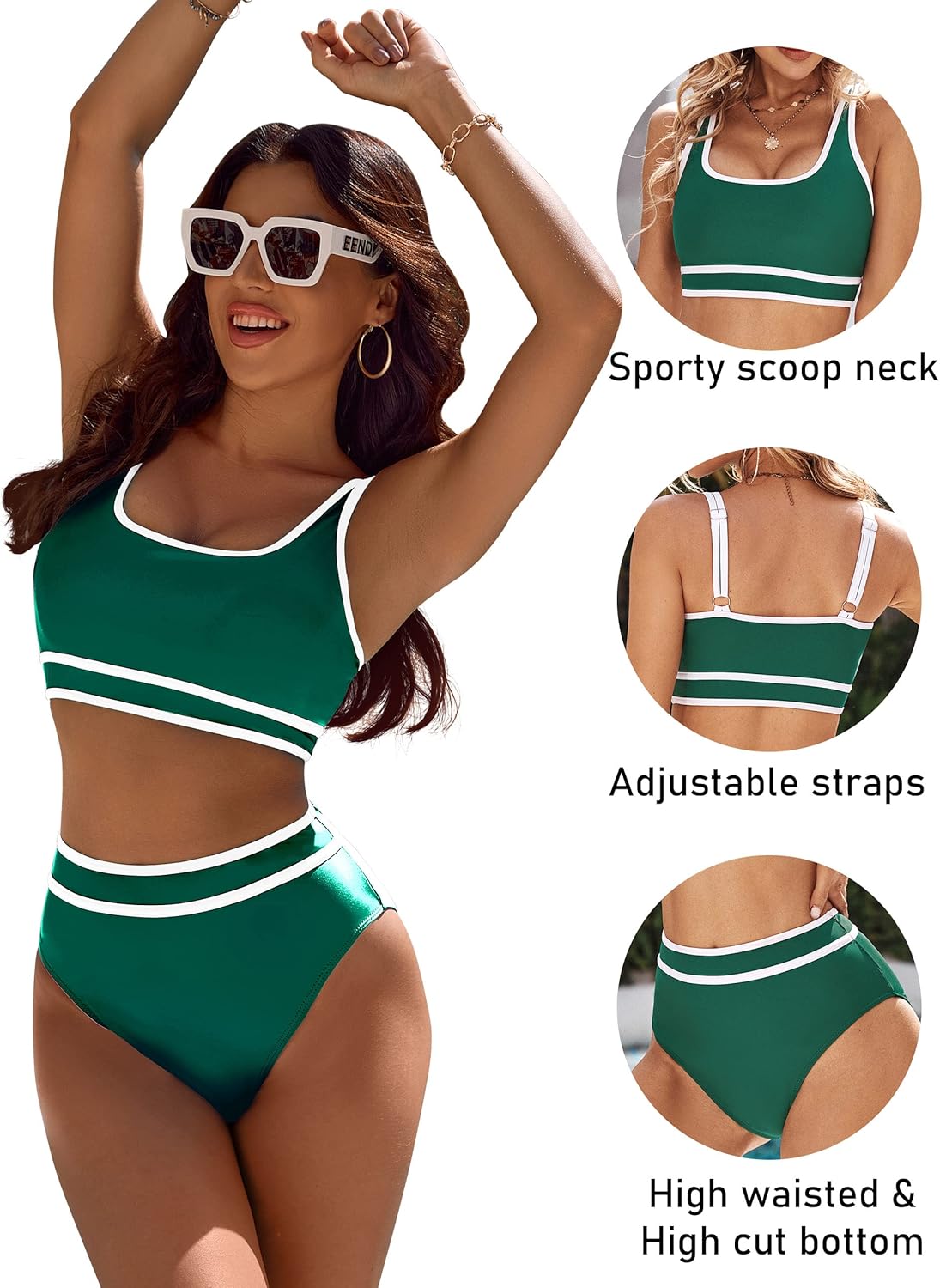 OmbreSwim - Women's High Waisted Bikini Sets Sporty Two Piece Swimsuits Color Block Cheeky High Cut Bathing Suits
