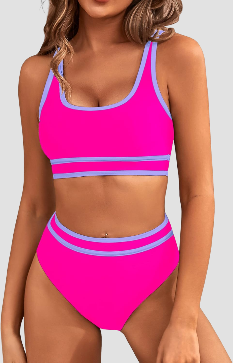 OmbreSwim - Women's High Waisted Bikini Sets Sporty Two Piece Swimsuits Color Block Cheeky High Cut Bathing Suits