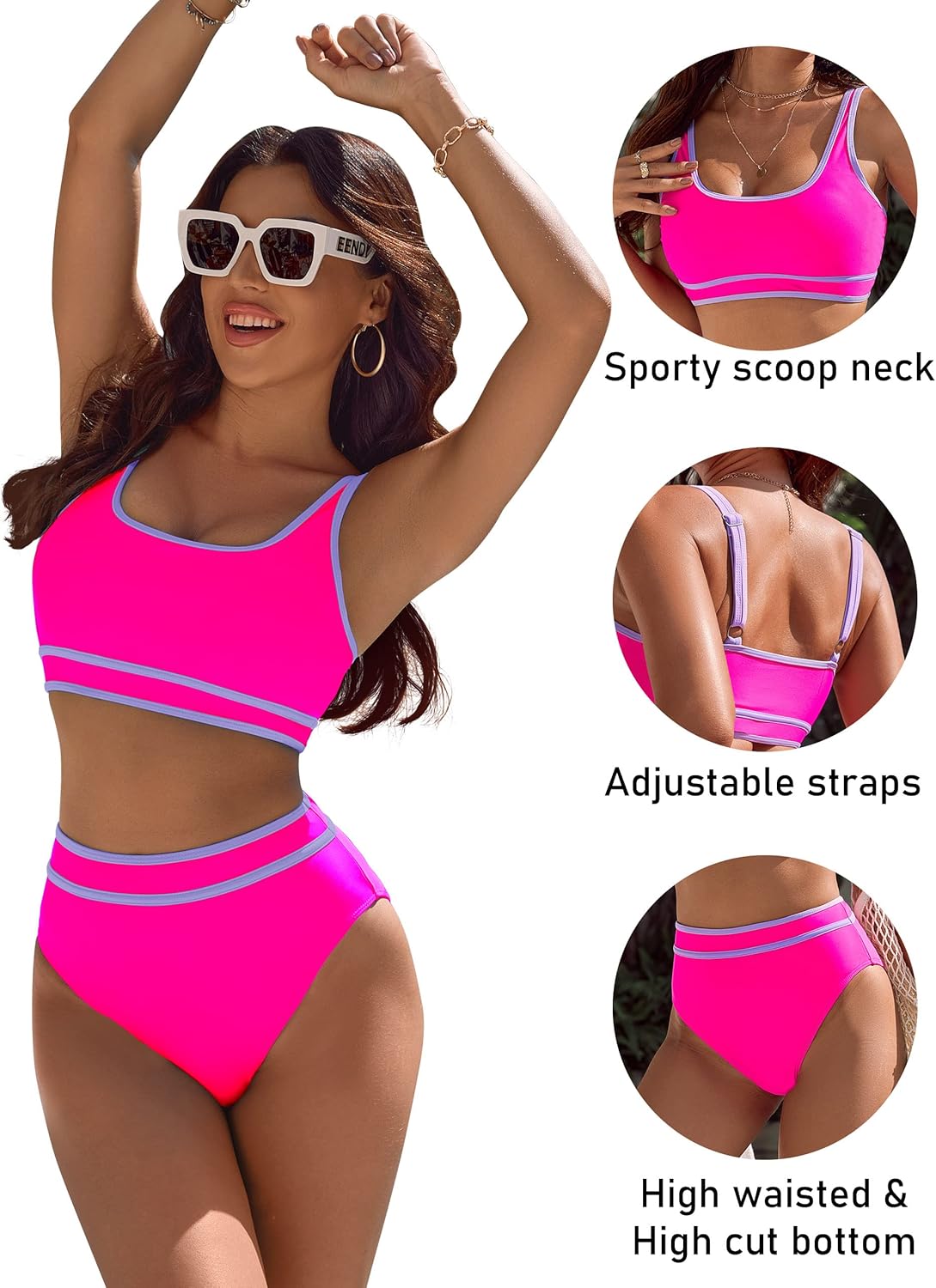 OmbreSwim - Women's High Waisted Bikini Sets Sporty Two Piece Swimsuits Color Block Cheeky High Cut Bathing Suits
