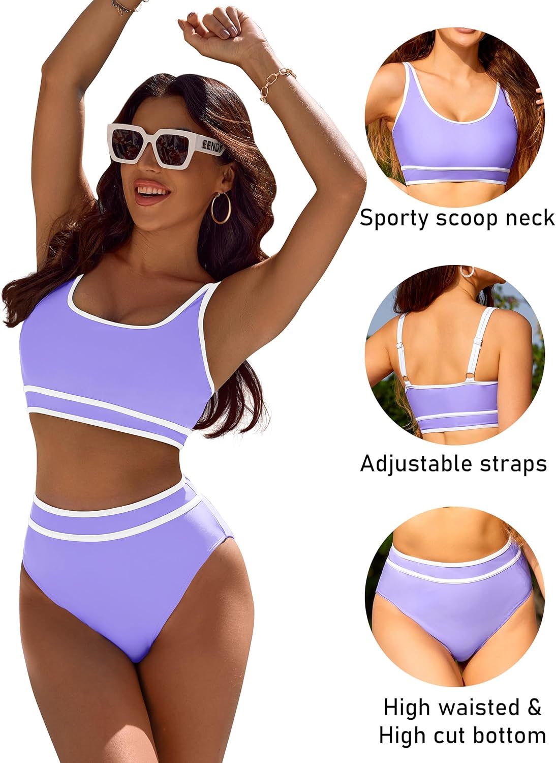 OmbreSwim - Women's High Waisted Bikini Sets Sporty Two Piece Swimsuits Color Block Cheeky High Cut Bathing Suits