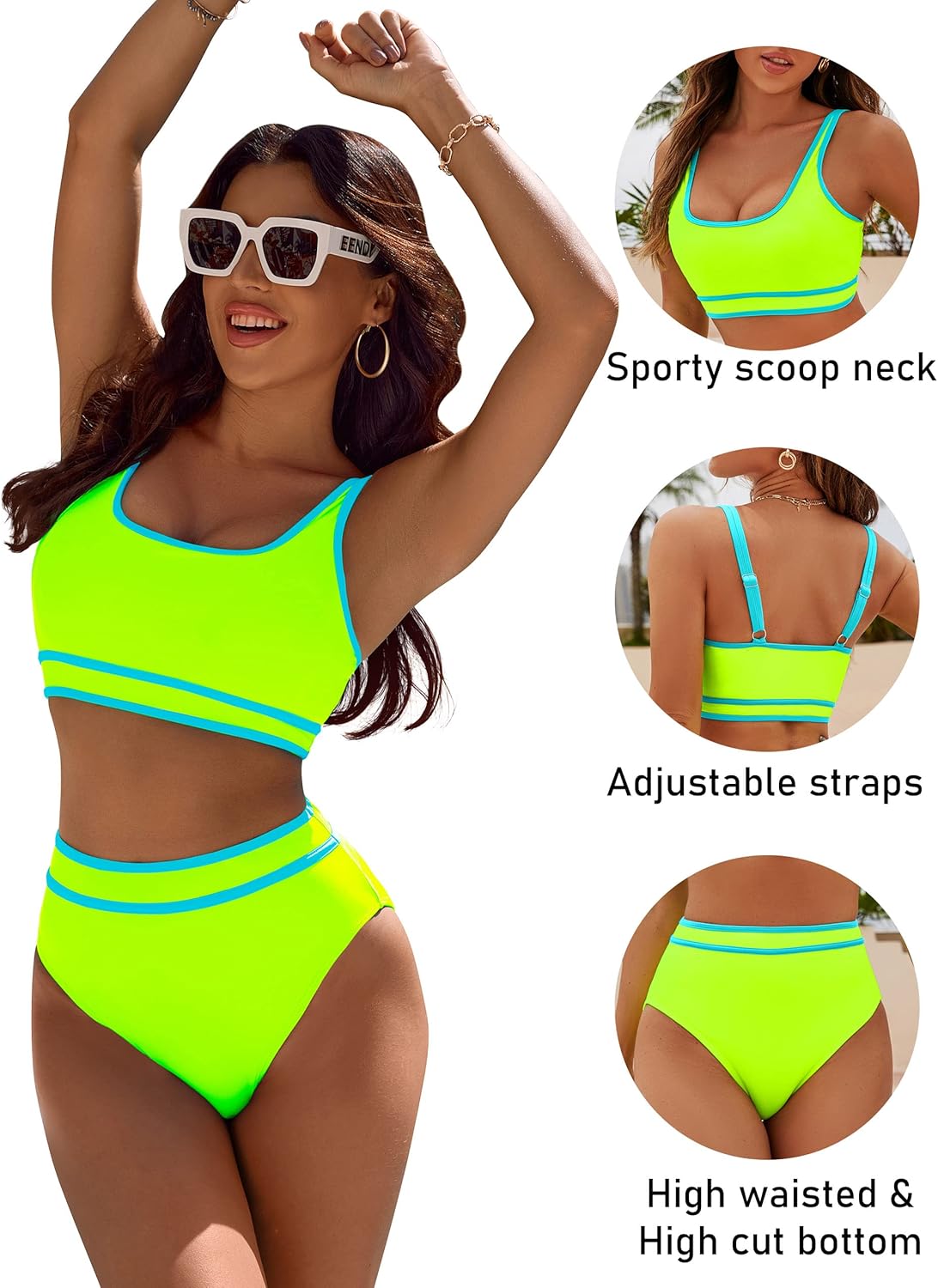 OmbreSwim - Women's High Waisted Bikini Sets Sporty Two Piece Swimsuits Color Block Cheeky High Cut Bathing Suits