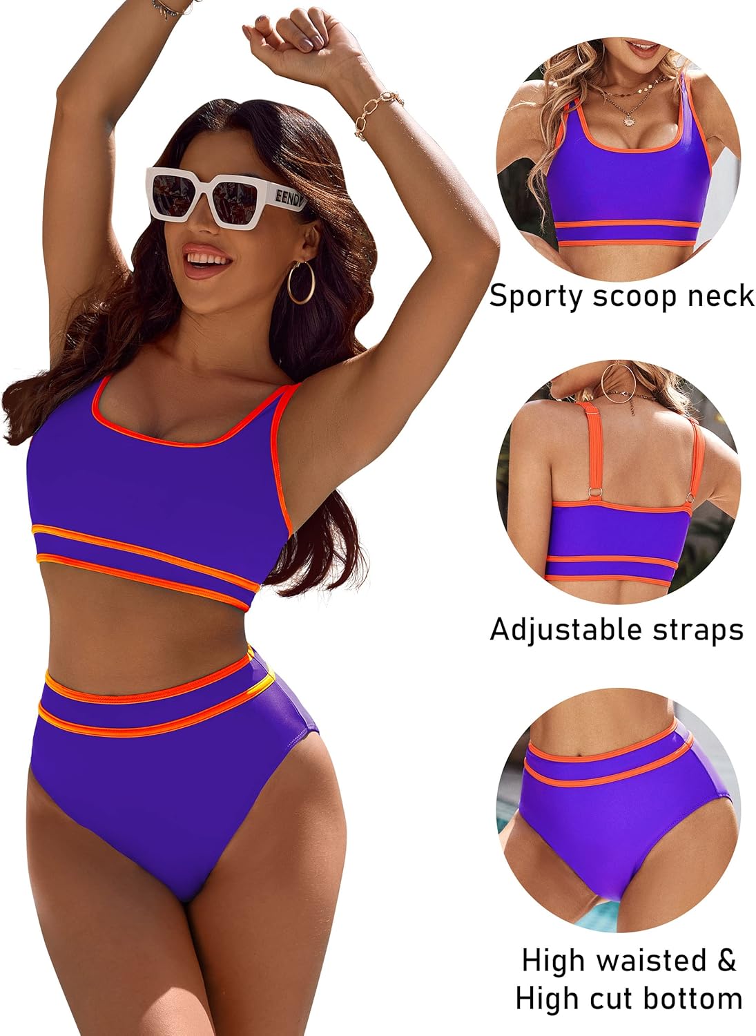 OmbreSwim - Women's High Waisted Bikini Sets Sporty Two Piece Swimsuits Color Block Cheeky High Cut Bathing Suits