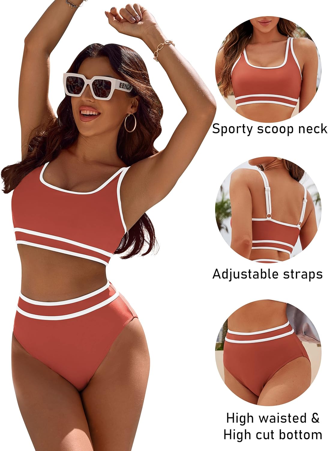OmbreSwim - Women's High Waisted Bikini Sets Sporty Two Piece Swimsuits Color Block Cheeky High Cut Bathing Suits