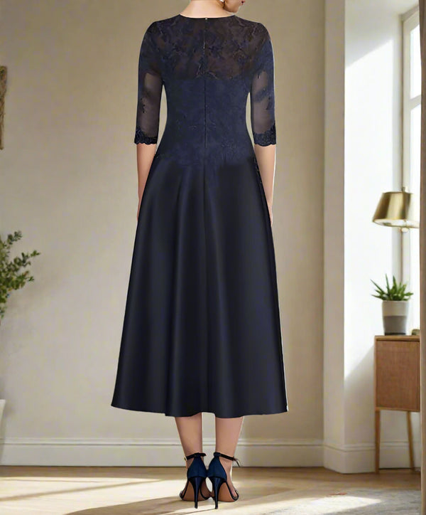Dark Navy Mother Of The Bride Dresses A-Line V-Neck Tie Waist Tea Length Mother Of The Bride Dress main image 1