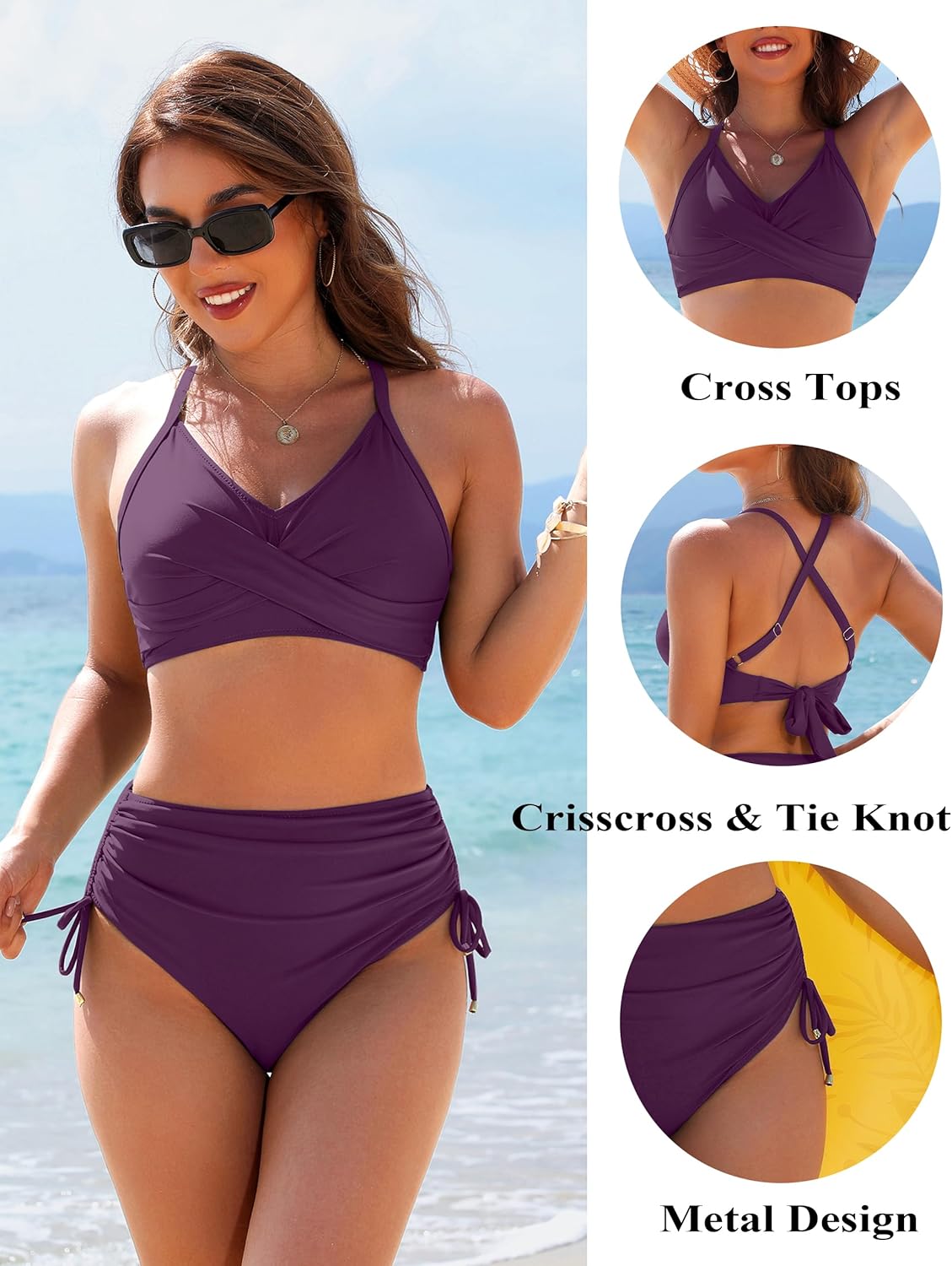 OmbreSwim - Womens High Waisted Bikini Sets Drawstring Tummy Control Swimsuits Crisscross Tie Back Bathing Suit