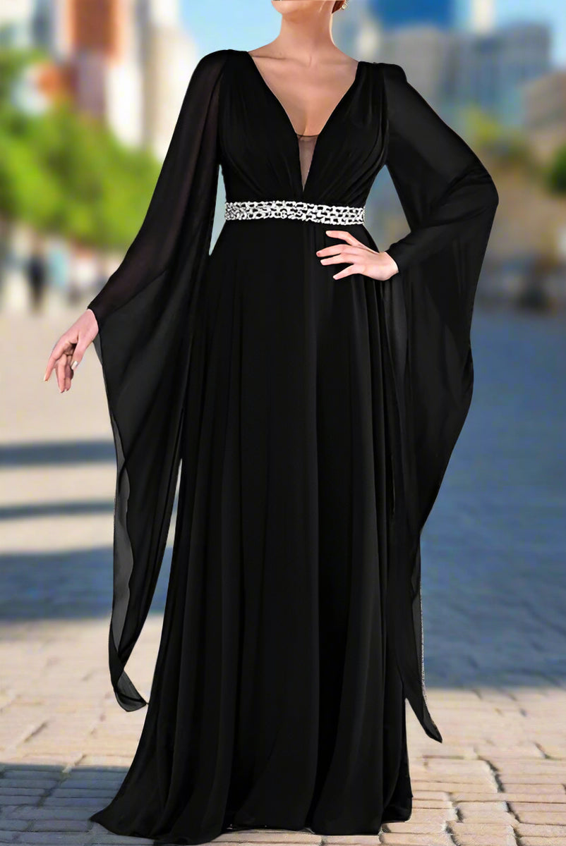 Deep V Neck Floor Length Chiffon Long Sleeve A-Line Wedding Party Dress Deep V Neck Floor Length Chiffon Long Sleeve A-Line Wedding Party Dress