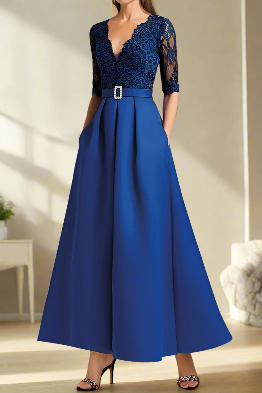 Delicate Royal Blue A-Line V Neck Ankle Length Wedding Party Dress