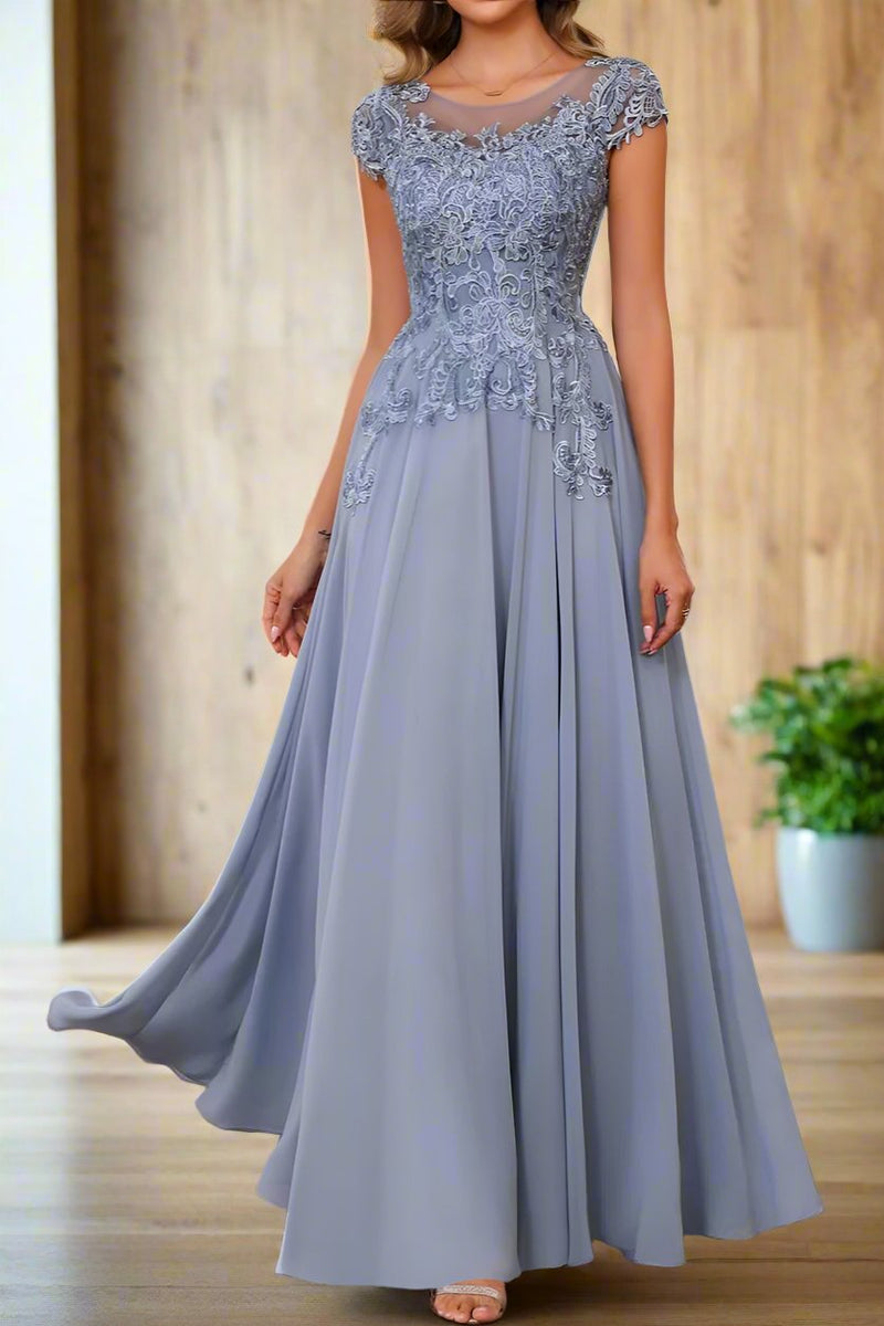 Dusty Blue Scoop Neck Short Sleeves Mother of The Bride Dresses with Lace Appliques Dusty Blue Scoop Neck Short Sleeves Mother of The Bride Dresses with Lace Appliques