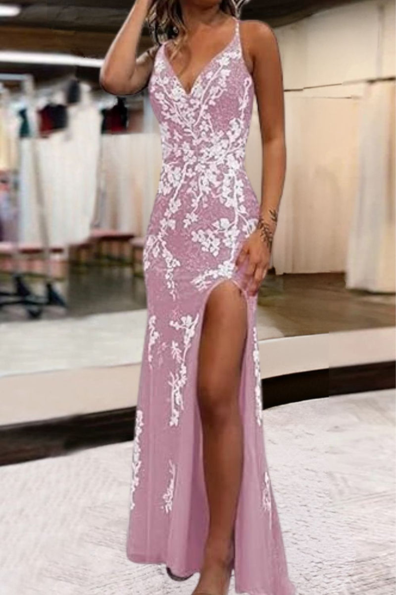 Mermaid V Neck Sequins Prom Dress with Slit